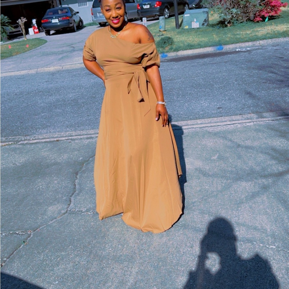 Elegant Tan Off-Shoulder Dress